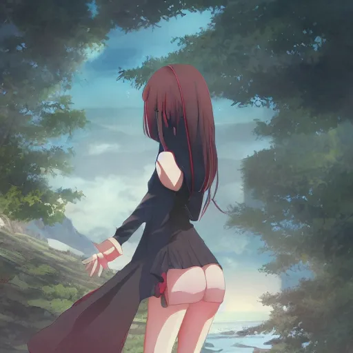 Image similar to anime, full body, girl standing in the top of hill, pixiv, illustration