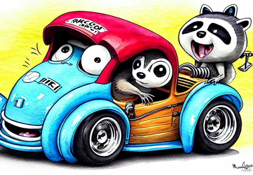 Image similar to cute and funny, racoon riding in a tiny hot rod coupe with oversized engine, ratfink style by ed roth, centered award winning watercolor pen illustration, isometric illustration by chihiro iwasaki, edited by range murata