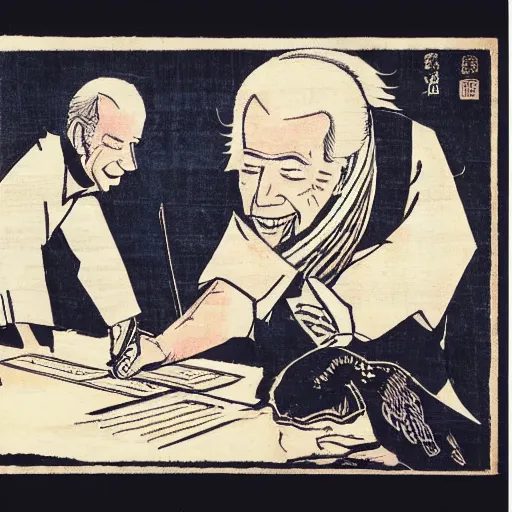 Image similar to Joe Biden writing his death haiku, Japanese woodblock print