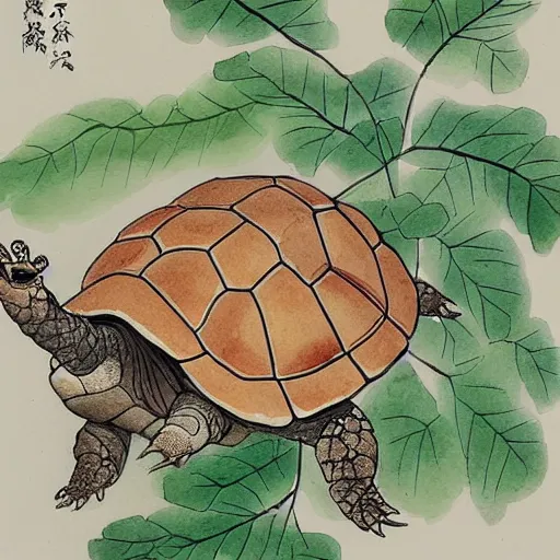 Image similar to a tortoise with a bonsi tree growing on its back, traditional chinese watercolor