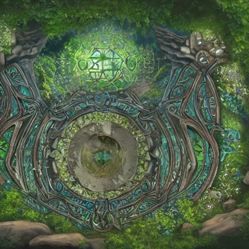 Image similar to ancient overgrown ruins, medieval gates, runestones, nostlagia, mysetrious etherial mesmerizing runic cat eyes, magical elven geometry, floating islands, high detail