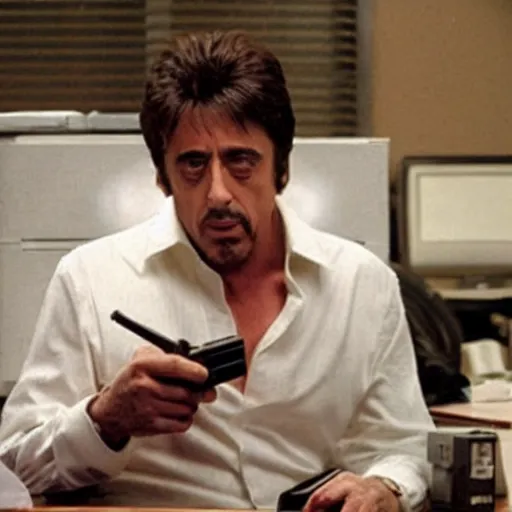 Prompt: al pacino as scarface playing video games at his desk, with a mountain of cocaine nearby