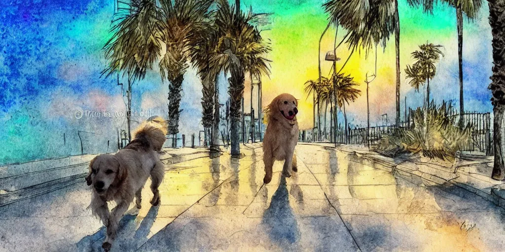 Image similar to golden retriever dog walking in tel aviv street looking at the camera. palm trees. sunset. high quality. digital art. watercolor. highly detailed. drawing. art. colorful. fluffy