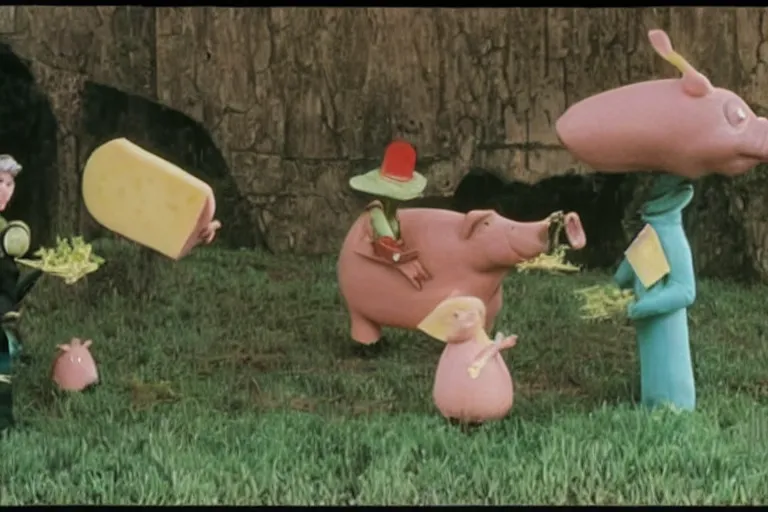 Prompt: still frame from a surreal 1979 children's tv show with a giant pig farmer, plant babies, and a sad cheese puppet holding a sword