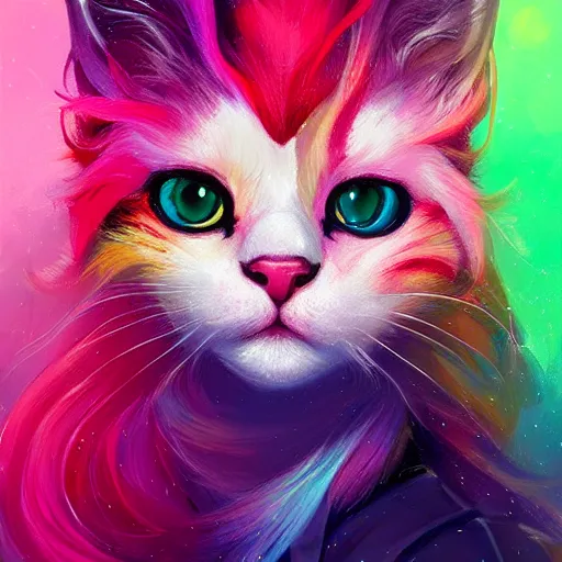 Image similar to colorful and festive cat with pink hair,. rich vivid colors, ambient lighting, dynamic lighting, 4 k, atmospheric lighting, painted, intricate, highly detailed by charlie bowater