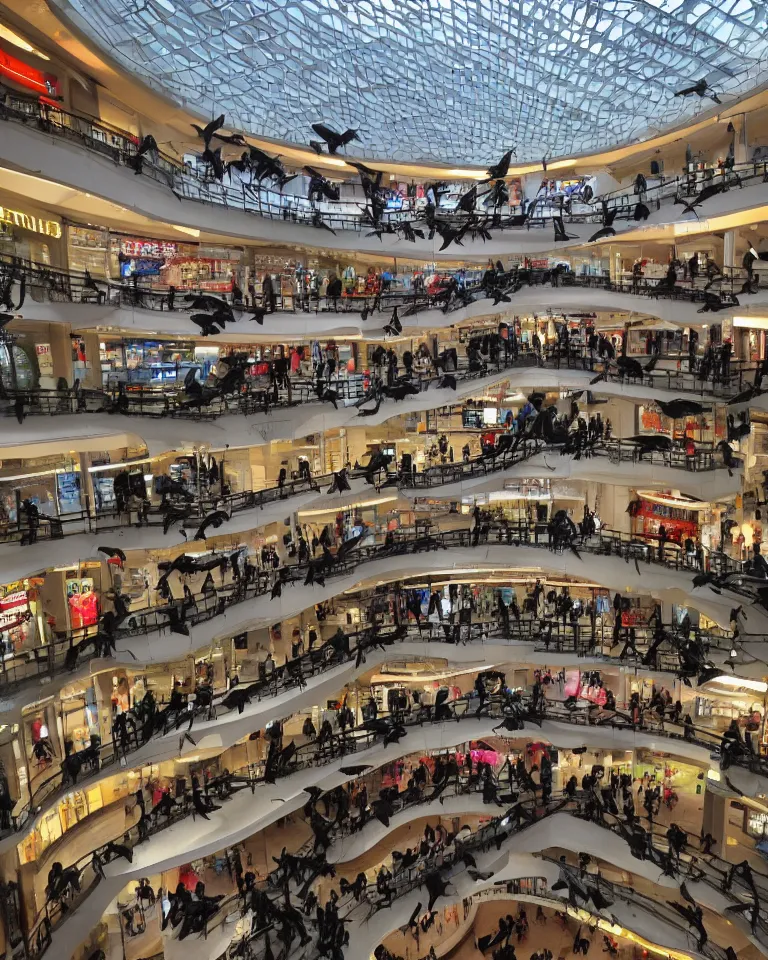 Prompt: the inside of a many-layered shopping mall, bustling with crows, eight floors