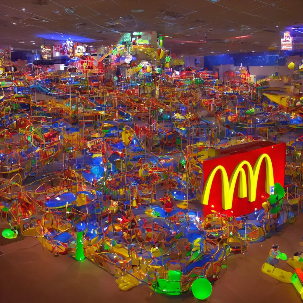 Image similar to a giant mcdonald's play place at night with the lights off after hours