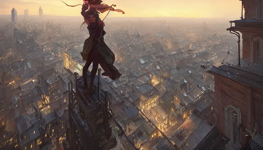 Prompt: jumping on roofs throught the city at late night sunset. trending on artstation, greg rutkowski, artgerm, cgsociety, alphonse mucha, digital art, highly detailed 4 k,