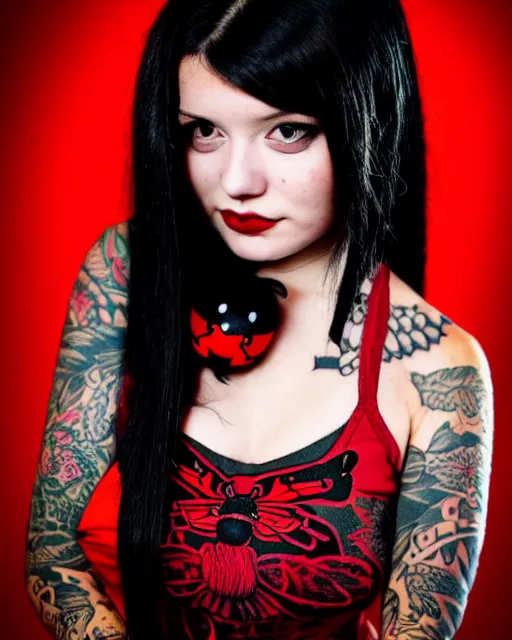 Image similar to cute female with intricate tattoos, crimson - black hair, wearing cute crimson - black bee - themed dress, cinematic lighting, beautiful composition