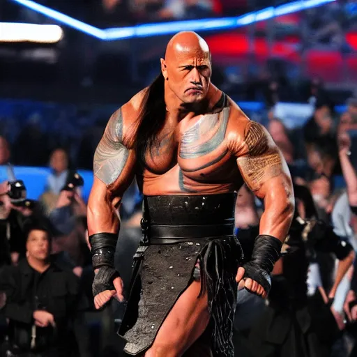 Image similar to dwayne johnson entering entrances ramp of smackdown as samurai!