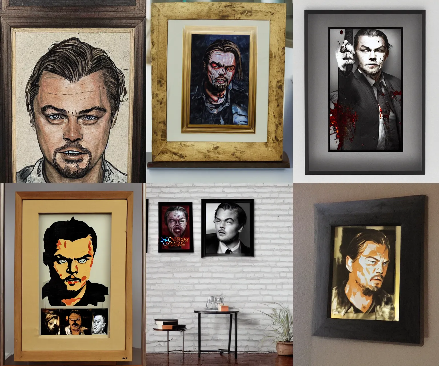 Prompt: framed portrait of zombie Leonardo dicaprio