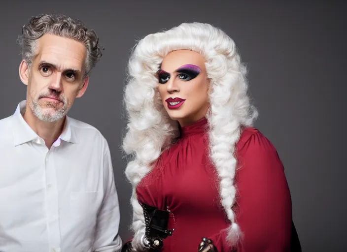 Image similar to dslr photo still of!!!! jordan peterson!!!! dressed as a woman dressed as a woman drag, 8 k, studio lighting