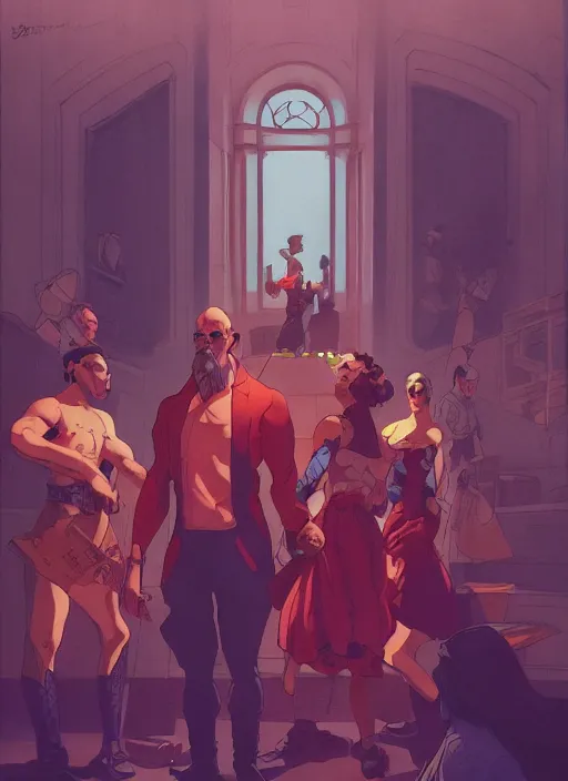 Prompt: people gathering in the town hall, 1 9 th century, in the style of artgerm, gerald brom, atey ghailan and mike mignola, vibrant colors and hard shadows and strong rim light, plain background, comic cover art, trending on artstation