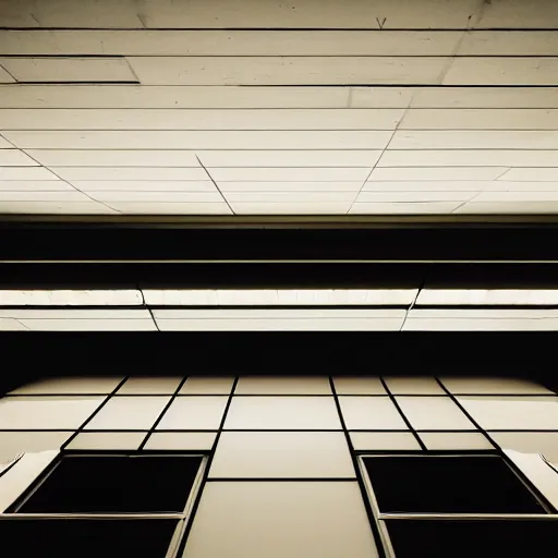 Prompt: noisy photograph of liminal underground tiny homes, office ceiling panels, retrofuturism, brutalism, minimalist, cinematic, soft vintage glow