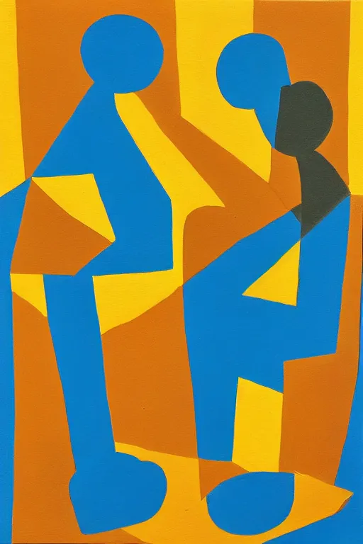 Image similar to neo cubistic painting of two tall figures, sandy yellow and some light blue, muted colors