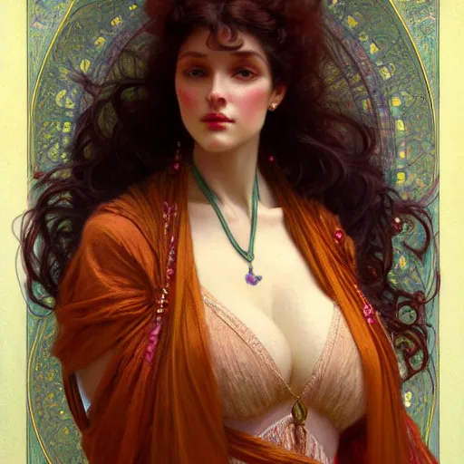 Prompt: character portrait of me as a modest wife blessed by creation to uncontrollably grow more perfect. tall, feminine, muscular, powerful, modestly clothed, voluminous, intricate, elegant, highly detailed, digital painting, artstation, smooth, symmetrical, sharp focus, illustration, art by gaston bussiere and alphone mucha