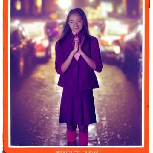 Image similar to night flash portrait photography of a high school girl in catholic uniform on the lower east side by annie leibovitz, colorful, nighttime!, raining!