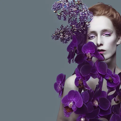 Prompt: long shot kodak portra 4 0 0, 8 k, volumetric lighting, highly detailed, britt marling style 3 / 4 fine art portrait photography in style of paolo roversi, orchid, orchid flower human hybrid, 3 d render 1 5 0 mm lens, art nouveau fashion royal details, elegant hyperrealistic ultra detailed, 8 k