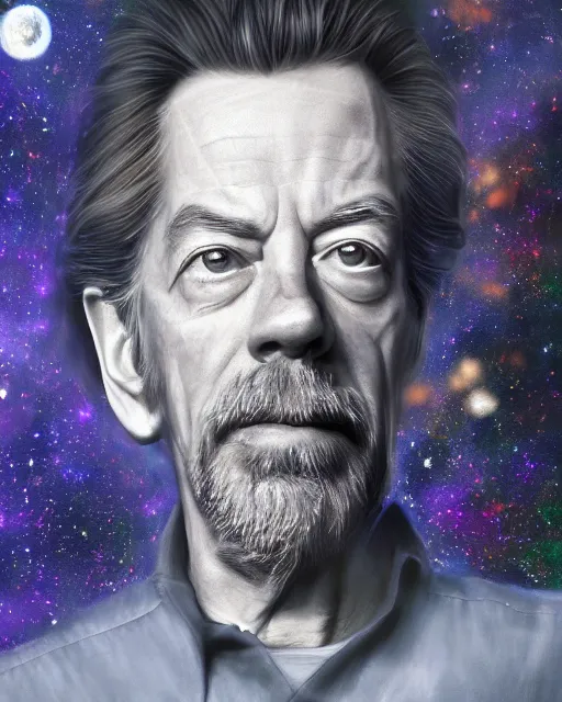 Image similar to alan watts floating in the universe portrait painting highly detailed procreate, 3d render senior artist, photorealistic, textured, featured on artstation