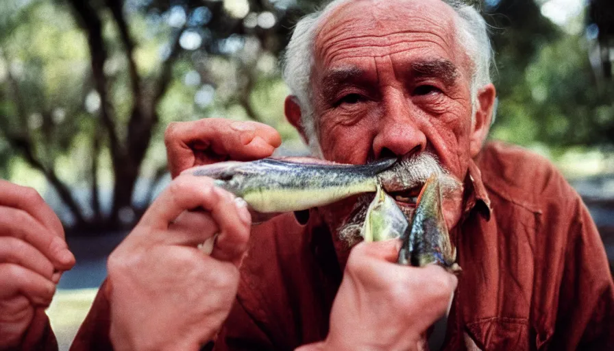 Image similar to 7 0 s movie still portrait of an old man. his mouth is full of fish. cinestill 8 0 0 t 3 5 mm technicolor, heavy grain, high quality, high detail