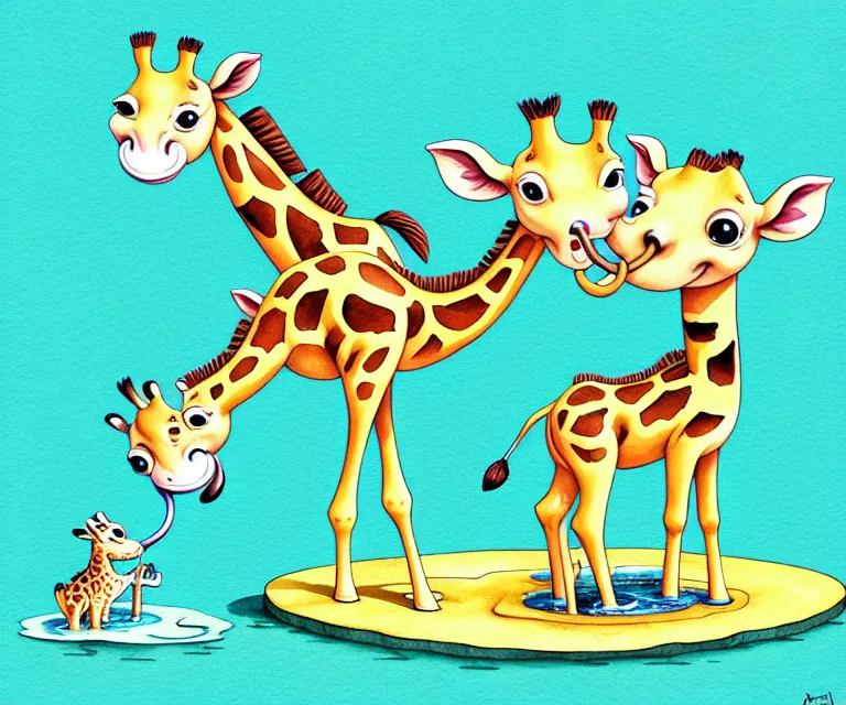 Prompt: cute and funny, baby giraffe drinking from a pond, ratfink style by ed roth, centered award winning watercolor pen illustration, isometric illustration by chihiro iwasaki, edited by range murata, tiny details by artgerm and watercolor girl, symmetrically isometrically centered