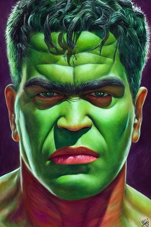 Image similar to ultra detailed incredible hulk portrait in the style of Frida Kahlo