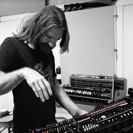 Image similar to Aphex Twin playing with his homemade synthesizers