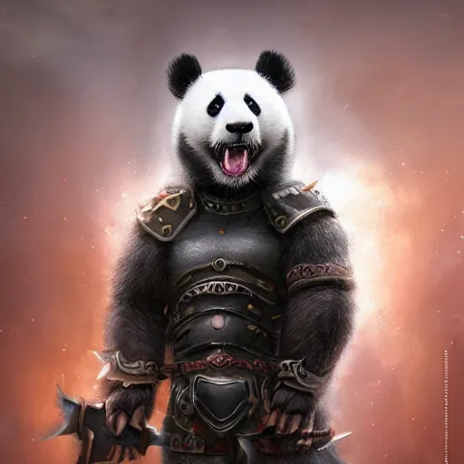 Prompt: warrior panda in armor by wenjun lin, eerie, intricate, highly detailed, sorrow, dramatic, emotional, proud, matte painting, award - winning art, cute, happy, cold lighting, refractions, volumetric lighting, trending on artstation, digital art, 8 k