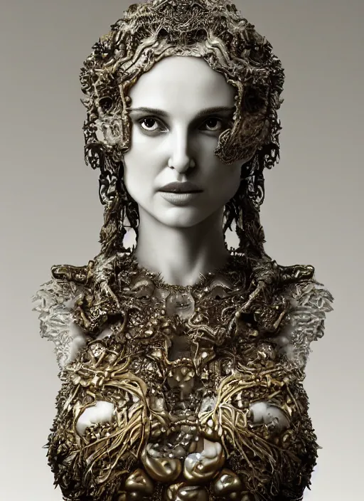 Prompt: marble sculpture of natalie portman, oil slick, palladium veins, dripping, mandelbulb, hypercube, ferrofluid, ivory carving, fractal paisley inlay, lace, intricate, elegant, highly detailed, gold inlay, metallic, ivory, artgerm, lace, by ruan jia, greg rutkowski, mucha, zbrush, nick alm