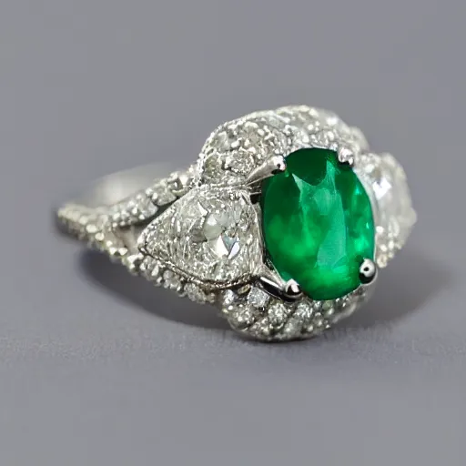 Prompt: stunning ring with 4 5 carat diamond, adorned with ruby, emerald, and sapphire, on wife finger