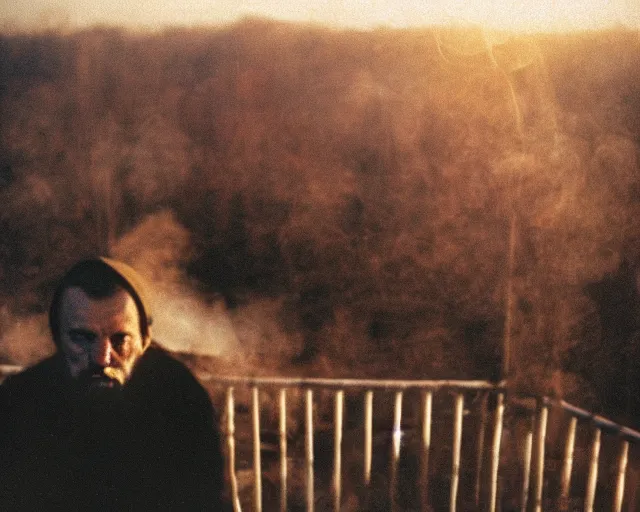 Image similar to lomographic tarkovsky film still of 4 0 years russian man with beard and sweater standing on small hrushevka 9 th floor balcony full with cigarette smoke in winter taiga looking at sunset, cinestill, bokeh