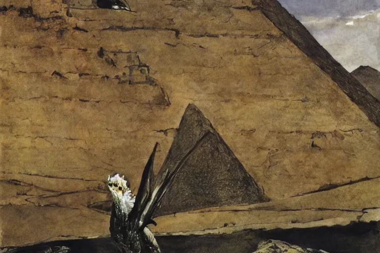 Image similar to andrew wyeth painting of king ghidorah standing between the pyramids in egypt,