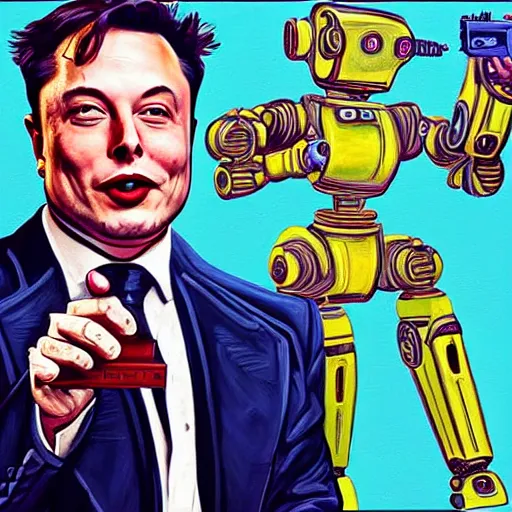 Image similar to a beautiful complex painting of a robot pointing a gun at elon musk the background is the street of new york