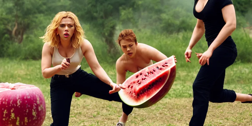 Image similar to scarlett johansson roundhouse kicking and smashing a watermelon, film still, highly detailed, film grain, behind the scenes, photorealism