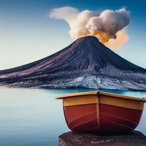 Prompt: a boat on a chair in the middle of a volcano, 4K photograph, award winning