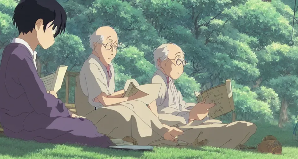 Prompt: screenshot from the anime film by studio ghibli, grandpa reading a book to a young child, serene, summer, from the anime film by makoto shinkai