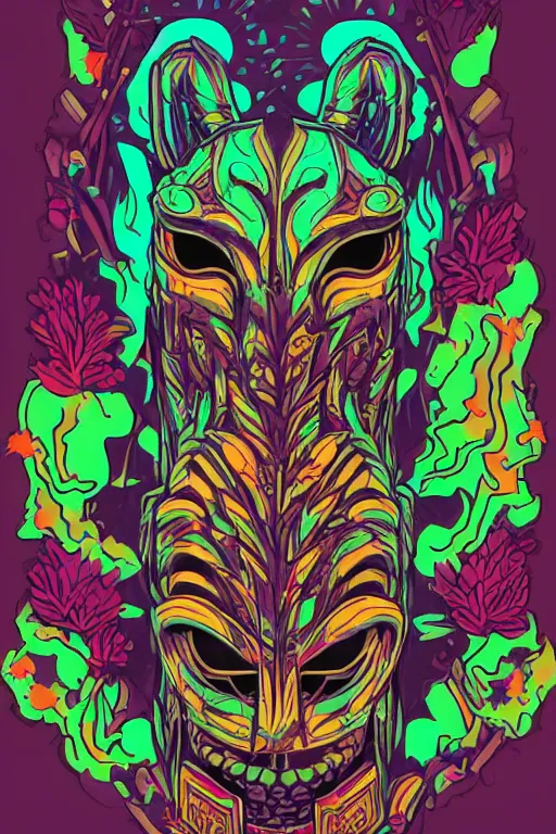 Image similar to animal mask totem roots flower tribal feather gemstone plant wood rock shaman vodoo video game vector cutout illustration vivid multicolor borderlands comics by josan gonzales and dan mumford radiating a glowing aura