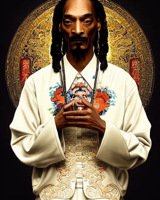 Prompt: portrait of snoop dogg, machine face, upper body, decorated with chinese opera motifs, asian, traditional chinese art, intricate, elegant, highly detailed, digital painting, artstation, concept art, smooth, sharp focus, illustration, art by artgerm and greg rutkowski and alphonse mucha, 8 k