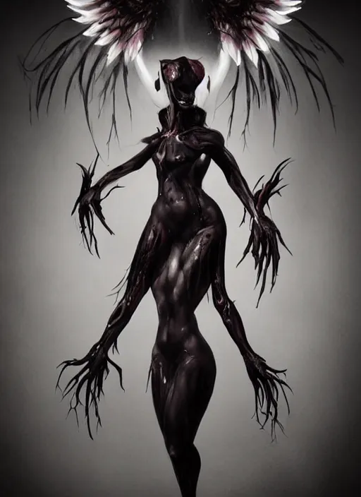 Prompt: dark full body painting of mercy from overwatch, in style of zdzisław beksinski, scary, horror, 4 k, feminine facial features, overwatch mercy character, horror, body horror, disturbing, detailed face, dressed in dark garment, black tendrils, tall,