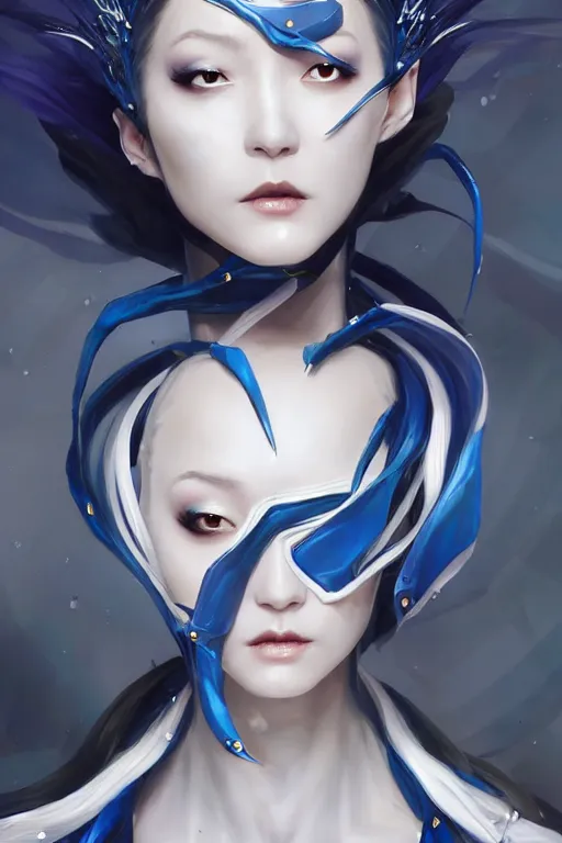 Prompt: Rena Nounen aka Nano as a super villain, [[[[grinning evily]]]], full view of face and body, sexy, luxurious white and royal blue accents, fantasy, intricate, elegant, highly detailed, digital painting, artstation, concept art, matte, sharp focus, masterpiece, illustration, art by WLOP and James Jean