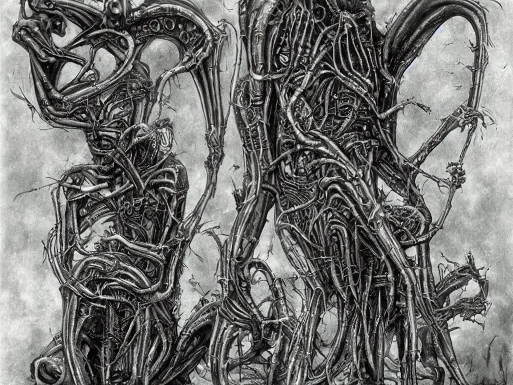 Image similar to HP Lovecraft H.R. Giger alien sitting on the toilet. Color photograph from 1990’s color sci-fi film.