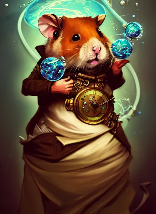 Prompt: illustration of an anthropomorphic hamster, western steampunk aristocrat, swirling water cosmos, fantasy, dnd, cinematic lighting, collectible card art, style artgerm and joshua middleton