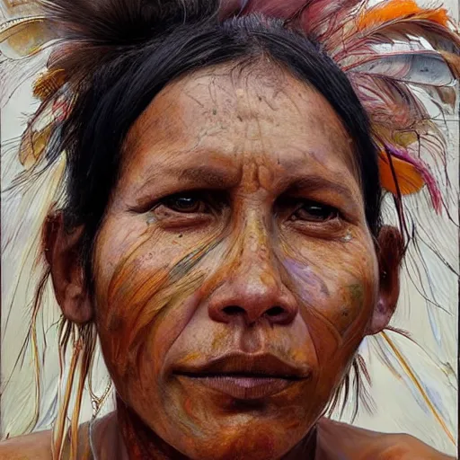 Prompt: high quality high detail painting by jenny saville, hd, a skinny beautiful indigenous woman tribe leader, hair in wind, many pretty feathers, photorealistic lighting