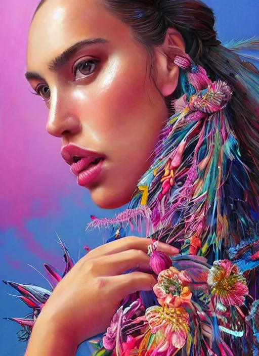 Image similar to beautiful portrait of Irina Shayk wearing dramatic Hand-dyed cotton dress,embellished beaded feather decorative fringe knots ,colorful pigtail,subtropical flowers and plants,symmetrical face,intricate,elegant,highly detailed,8k,digital painting,trending on pinterest,harper's bazaar,concept art, sharp focus, illustration, by artgerm,Tom Bagshaw,Lawrence Alma-Tadema,greg rutkowski,alphonse Mucha