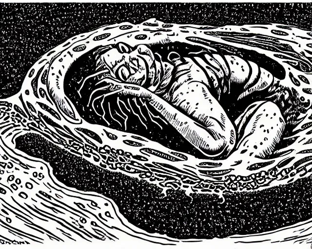 Image similar to h. p. lovecraft swimming in the ocean depths, cosmic horror painting, elegant intricate digital painting artstation concept art by basil wolverton by robert crumb by william eggleston detailed