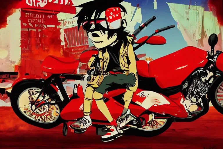 Image similar to pizza restaurant, akira's motorcycle, gorillaz, poster, 8k