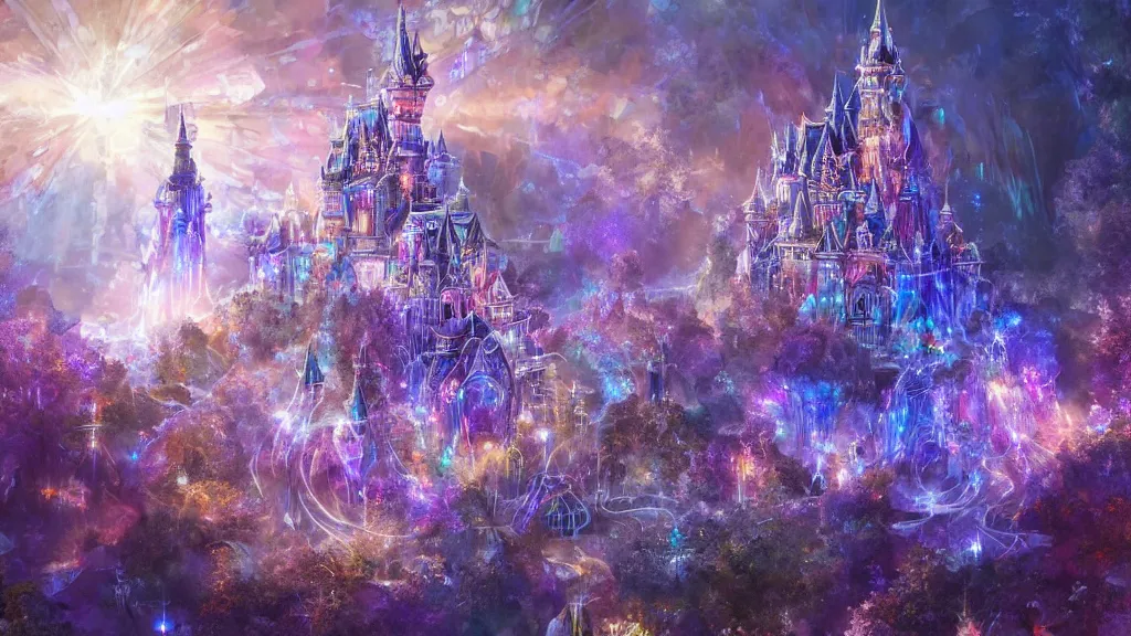 Image similar to a detailed magical crystal castle made of light inspired by yoshitaka amano enveloped in trails of colorful lights around it. clean painting, realistic and auora lighting. dark blue and intense purple color palette, art by kuvshinov ilya and gilbert williams, 8 k