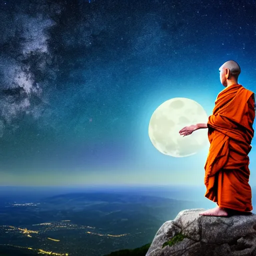 Image similar to high definition render of a monk on top of a mountain, full moon, milky way, galaxy, buddhism, 8 k, symbolic, intricate, detailed, raytracing