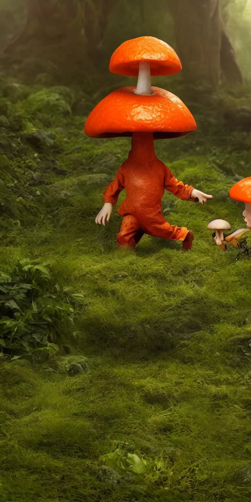 Prompt: a cute, little orange mushroom boy, surrounded by a green forrest, humanly realistic looking, moody , lovecraft, giger, ridley scott, zack snyder, Fenghua Zhong, realistic cinematic lighting, establishing action shot, ultra detailed, hyper realism, photo, octane render