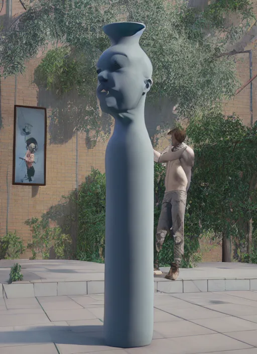 Image similar to a sculpture of a man standing next to a tall vase, a raytraced image by Hikari Shimoda, polycount, video art, vray tracing, ray tracing, rendered in unreal engine